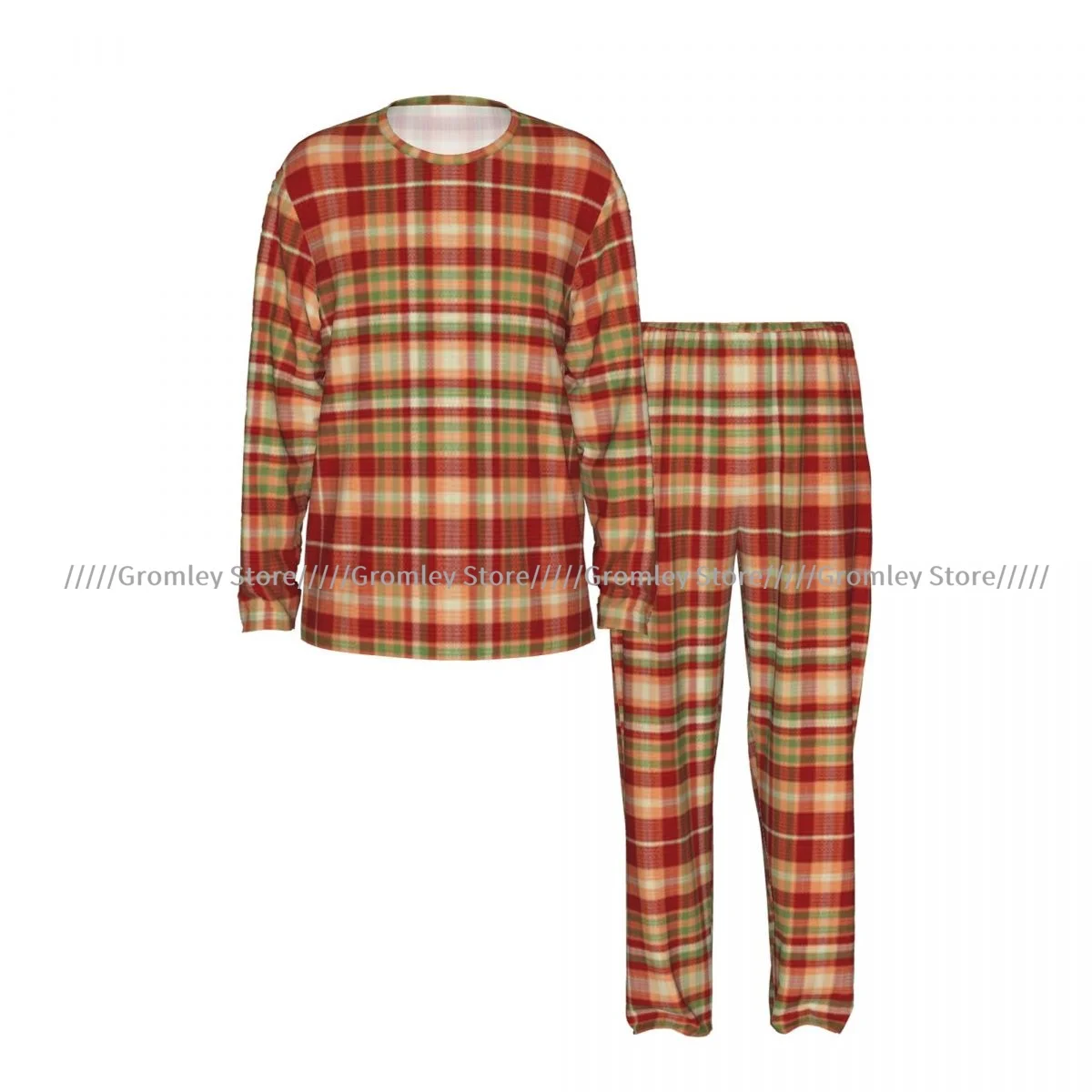 Men's Pajamas Set Tartan Plaid Pattern Long Sleeve Top & Long Pants Sleep Set