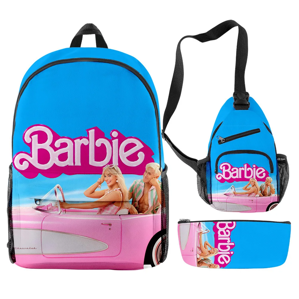 MINISO Barbie Peripheral Crossbody Bag, Pen Bag, Three-piece Set, Printed School Bag for Primary and Secondary School Students