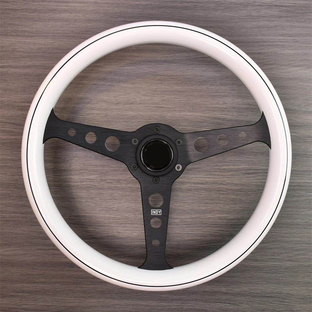 

3 Spokes Anti-Slip Falt Bracket Racing Steering Wheel 345MM Wood and Black Lines ABS Classic Retro Steering Wheel with Horn But