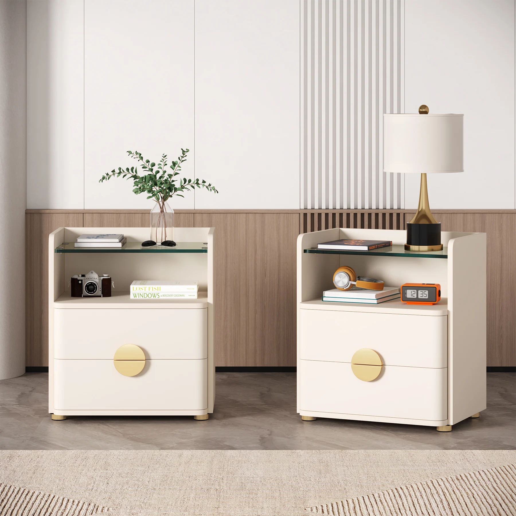 Tribesigns Nightstands, 2-Drawer Modern Night Stand with Open Storage Space, Wood Bed Side Table, Tempered Glasses End Table image 3