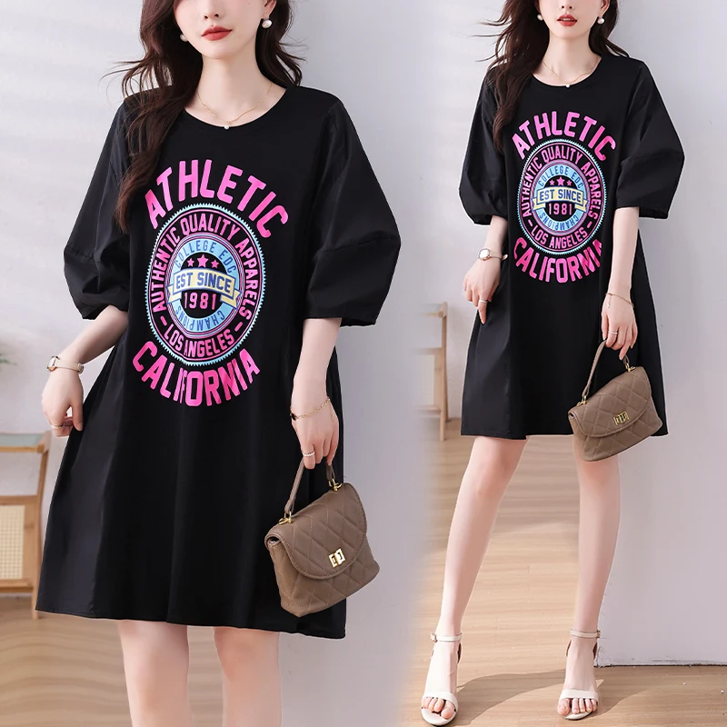 

plus Size Women's Faionable Casual Loose Slimming Summer Dr Letter Print Trendy Midi Dr Korean Sle round Ne ort...
