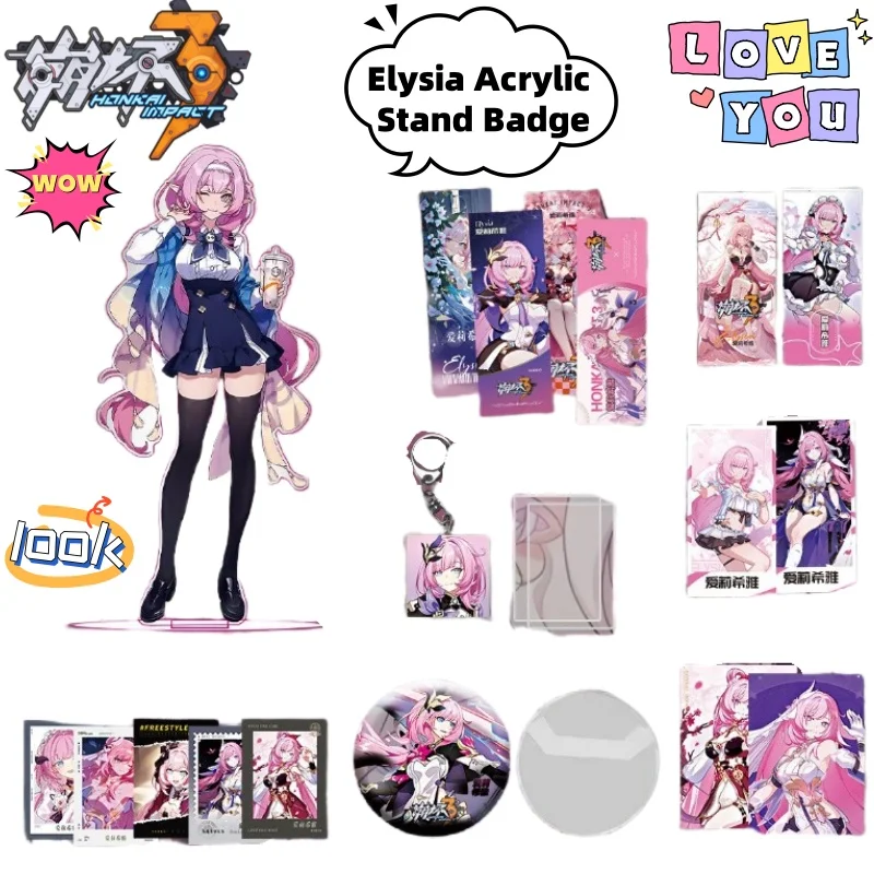 

Honkai Impact 3 Elysia Creative Cartoon Acrylic Stand Badge Personalized Anime Merchandise Bookmark Postcard Set Holiday Gift