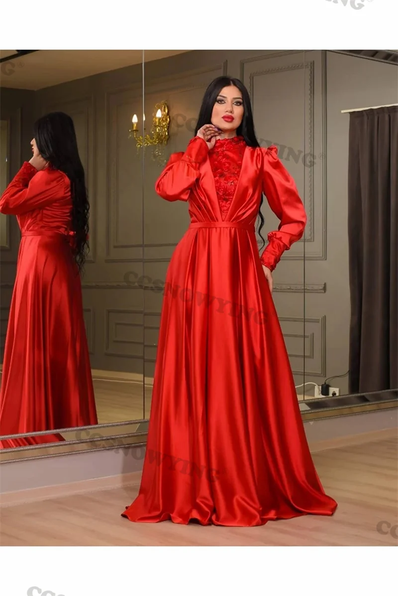 Vestido Hijab Apliques de cetim vermelho, vestidos muçulmanos, manga comprida, gola alta, vestido de festa formal islâmica, árabe e Dubai