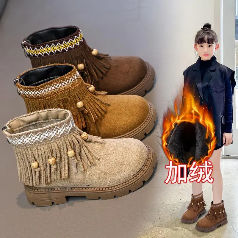 

Girls' Tassel Princess Short Boots Winter 2025 Ethnic Style Fleece Warm Kid's Boots Children's Soft Soled Non Slip Casual Shoes