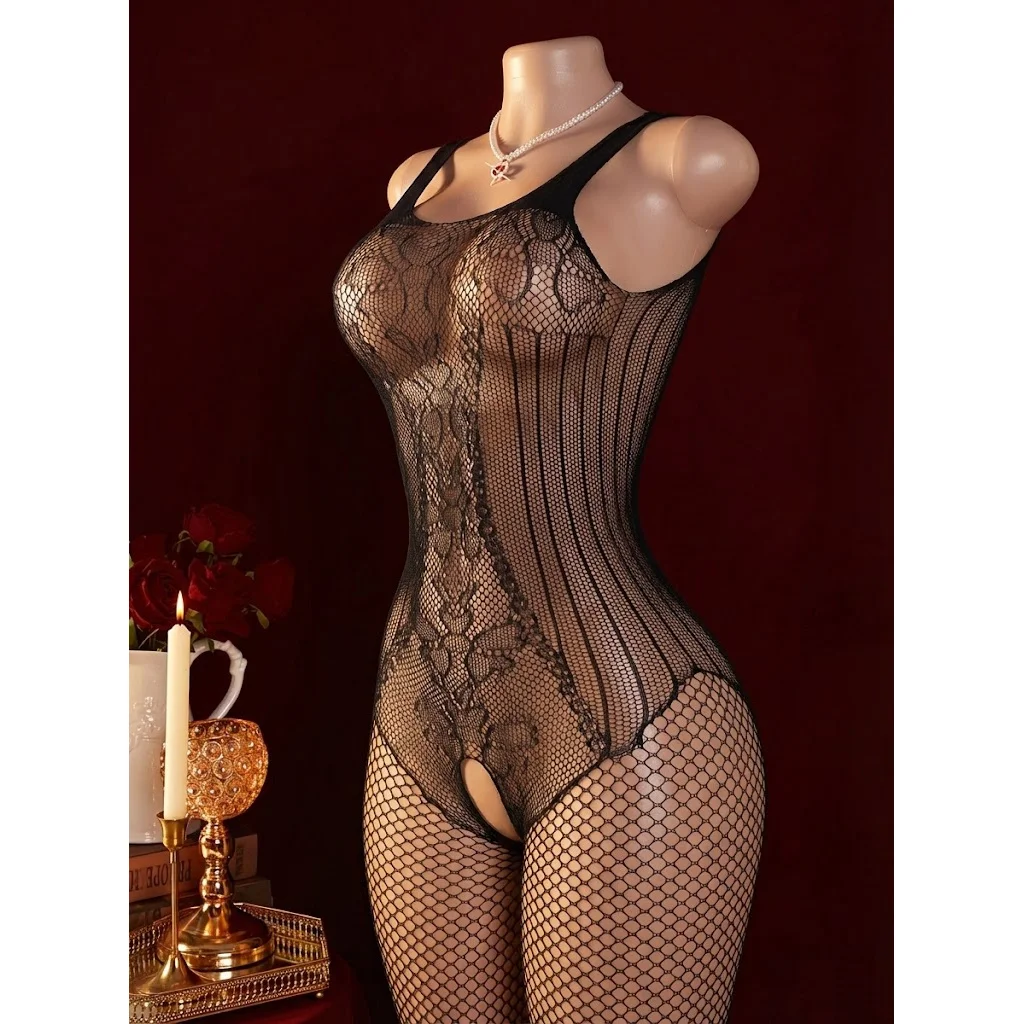 1-Piece Sexy Floral Lace Bodysuit – Open-Crotch Striped Mesh Lingerie, Criss-Cross Back Exotic One-Piece, Stretchy Sleepwear