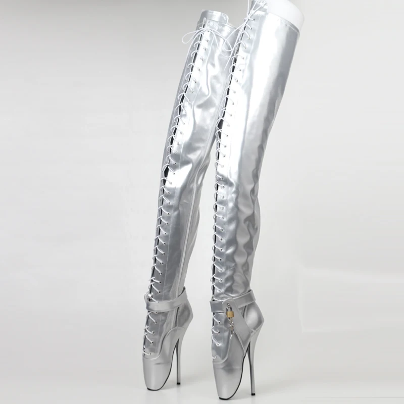 18CM/7 Inch Women Thigh High Ballet Boots,Sexy Pole Dancing Shoes,Men Cosplay Fetish Corset Dominatrix,Black,White,Silver,Big