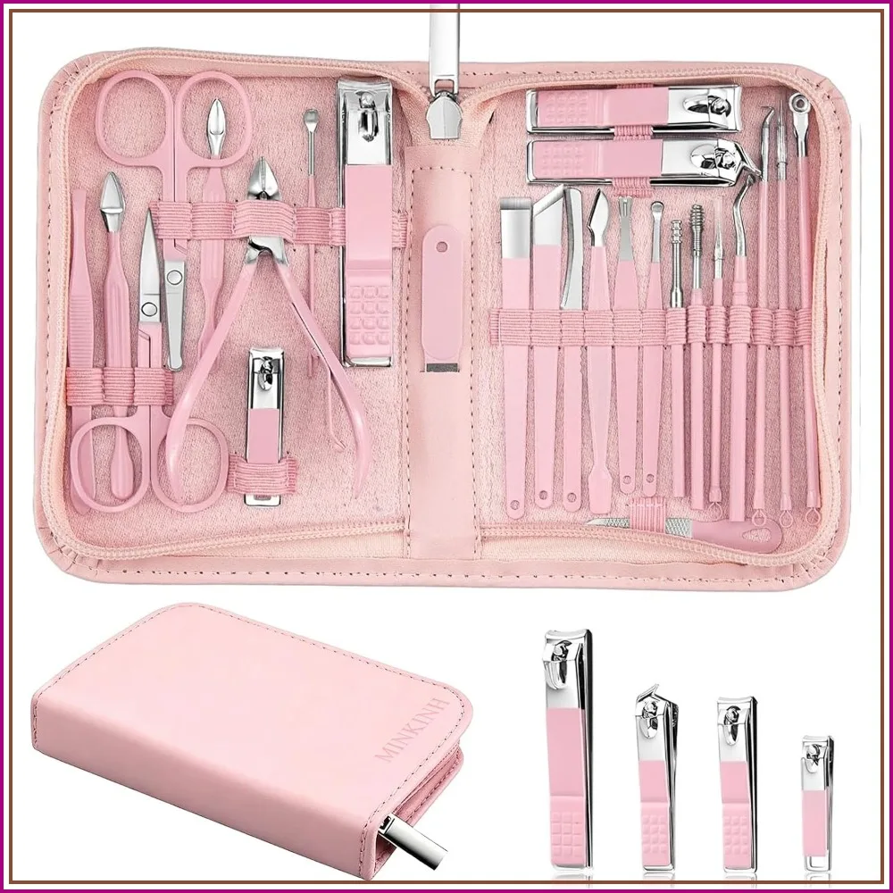 26-Piece Professional Manicure Set with Stainless Steel Tools, Carbon Steel Clippers & Travel Case for Home and Travel Grooming (Pink)