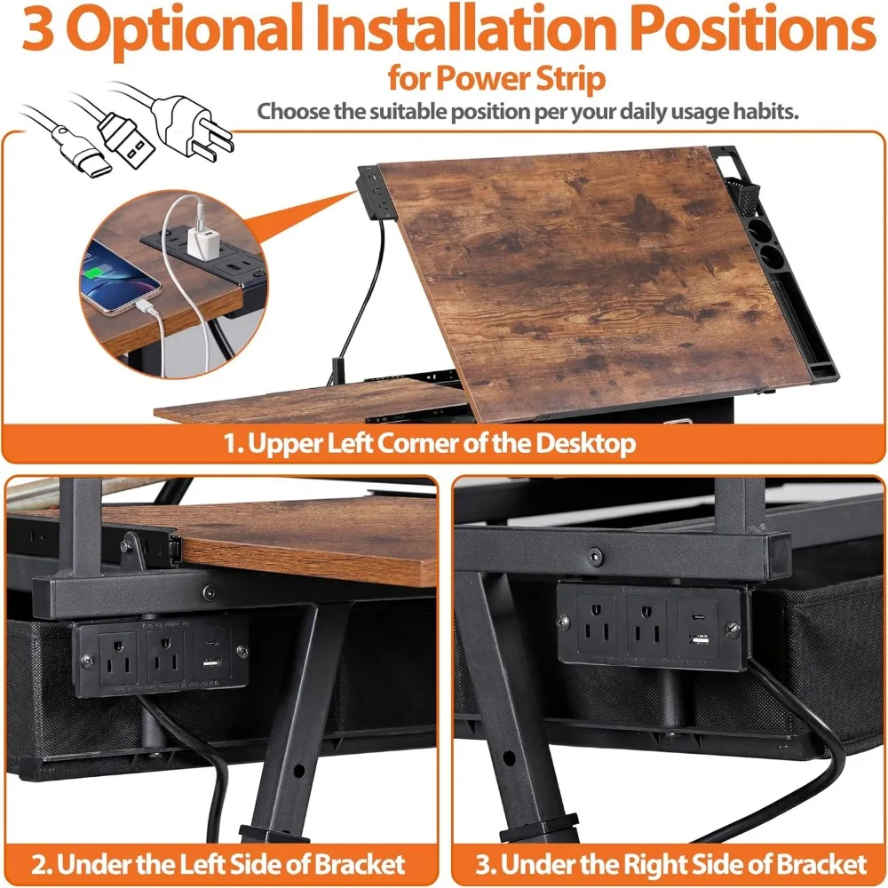 مكتب فنان قابل للتعديل مع مخرج طاقة، وطاولة رسم مائلة، ودرجين تخزين، ومقعد للفن والصياغة