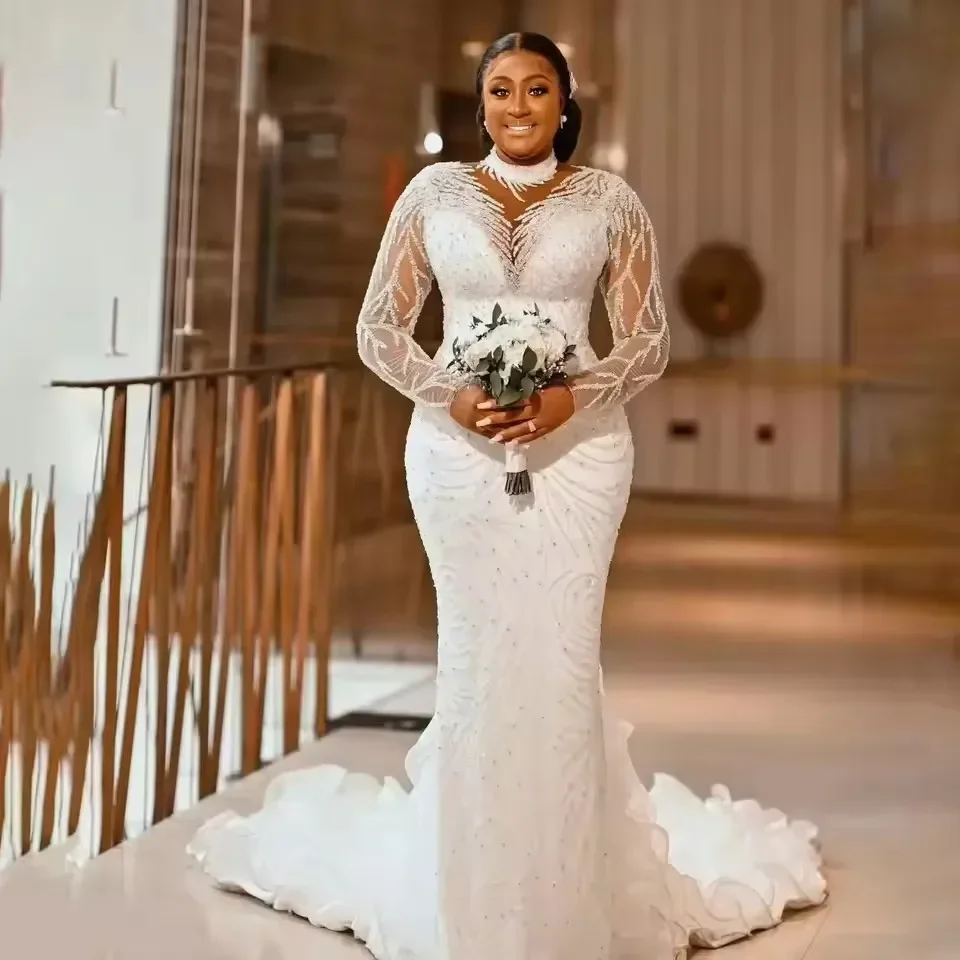 

Customzied Luxury Beaded Mermaid Wedding Dresses High Neck Long Sleeves Sweep Train Plus Size Africa Bridal Gowns