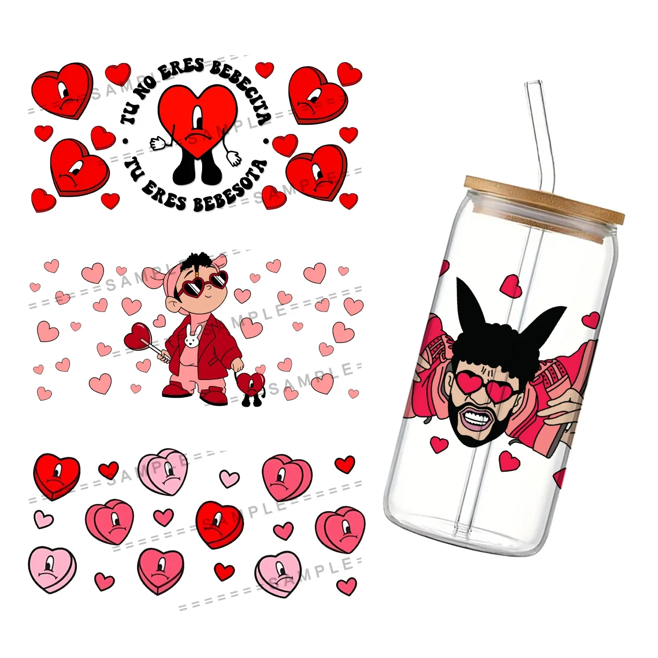 New Valentine's Day Theme Bad Bunny 3D Waterproof UV DTF Cup Wrap for 16Oz Libbey Glass Can DIY Transfer Sticker