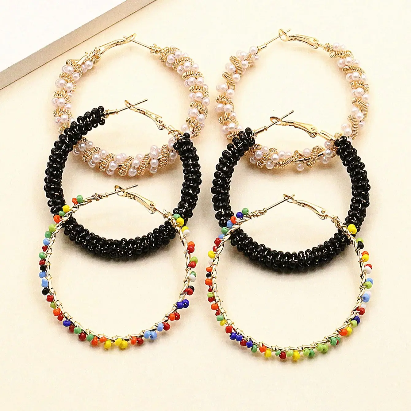 6 Pieces Summer Exaggerated Ladies Color Handmade Rice Bead Hoop Earrings All-match Casual Earrings Jewelry SetAll-match CAS