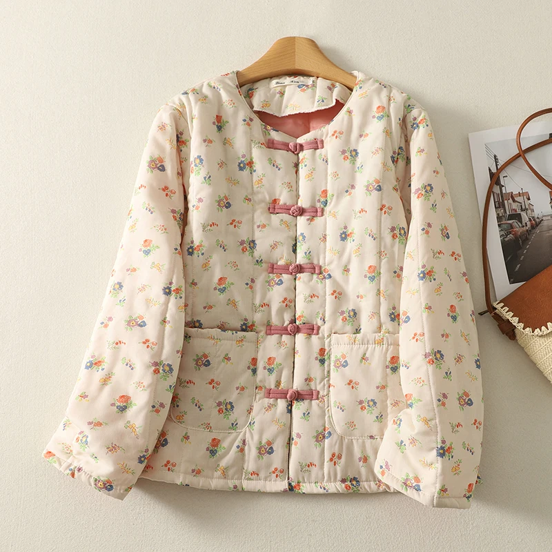 

Утепленная хлопковая куртка женская осенне-зимняя теплая с цветочным принтом, на пуговицах, с внутренней хлопковой подкладкой, в традиционном китайском стиле
