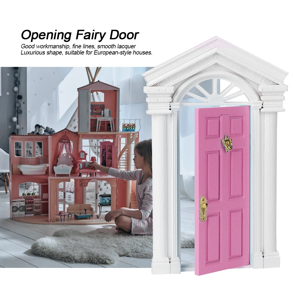 ZK40 1:12 Dollhouse Miniature Little Mini Fairy Wood Birch Door Opening with Accessories Pink