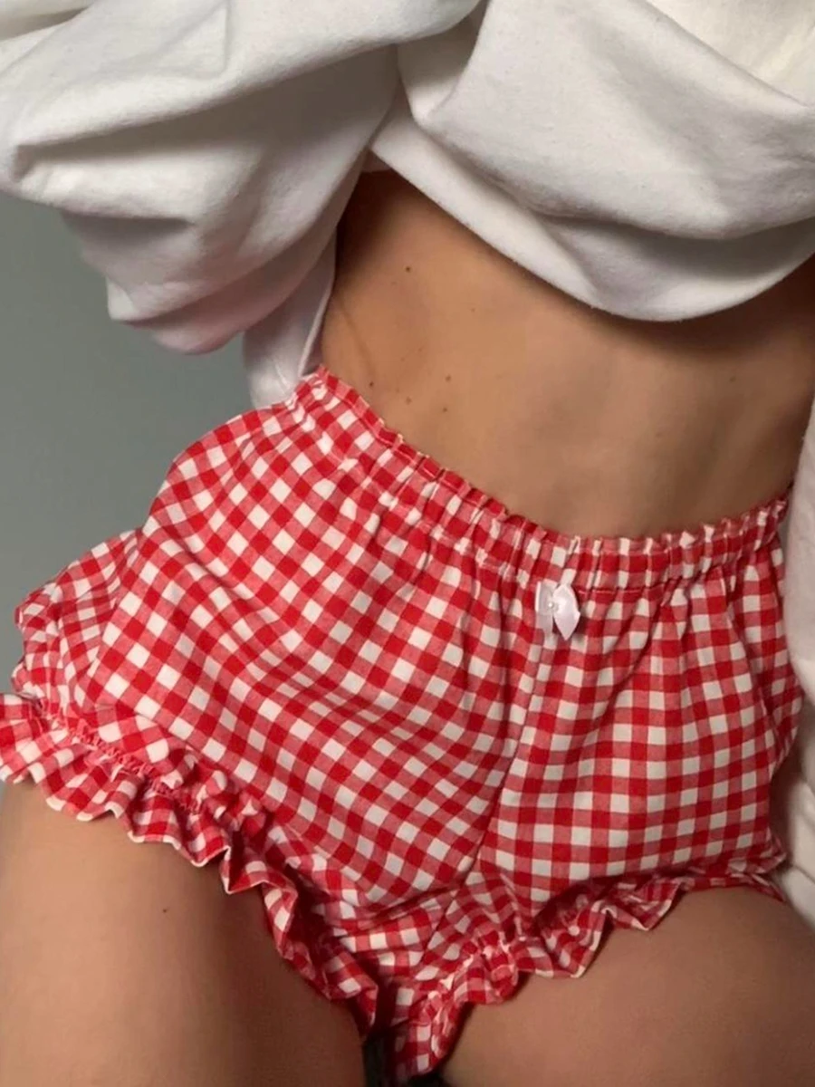 

Women'S Summer Casual Pajama Shorts With Elastic Band and Ruffled Edges/Plaid/Solid Color/Duck Patterned Small Bow Casual Shorts