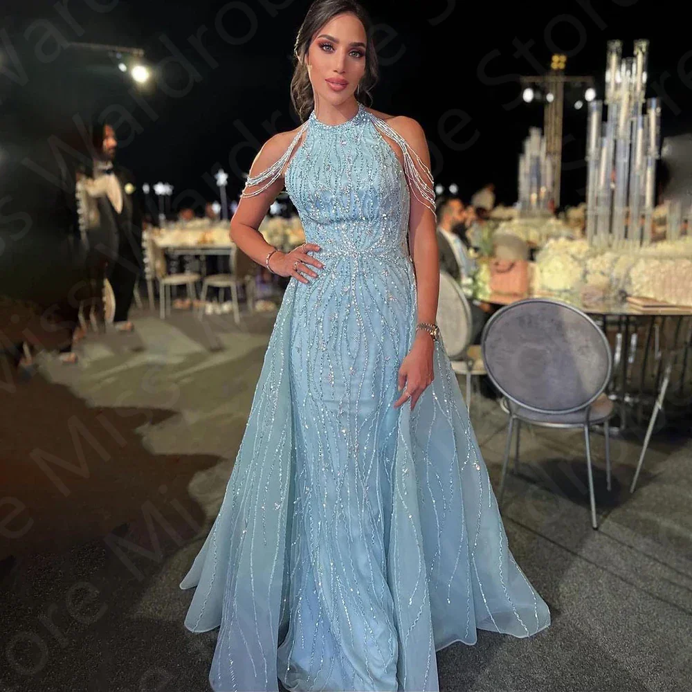 Sparkling Baby Blue Evening Dresses 2024 Mermaid Prom Party Gowns Beading Halter Neck Wedding Guest Gowns Sleeveless Sequined