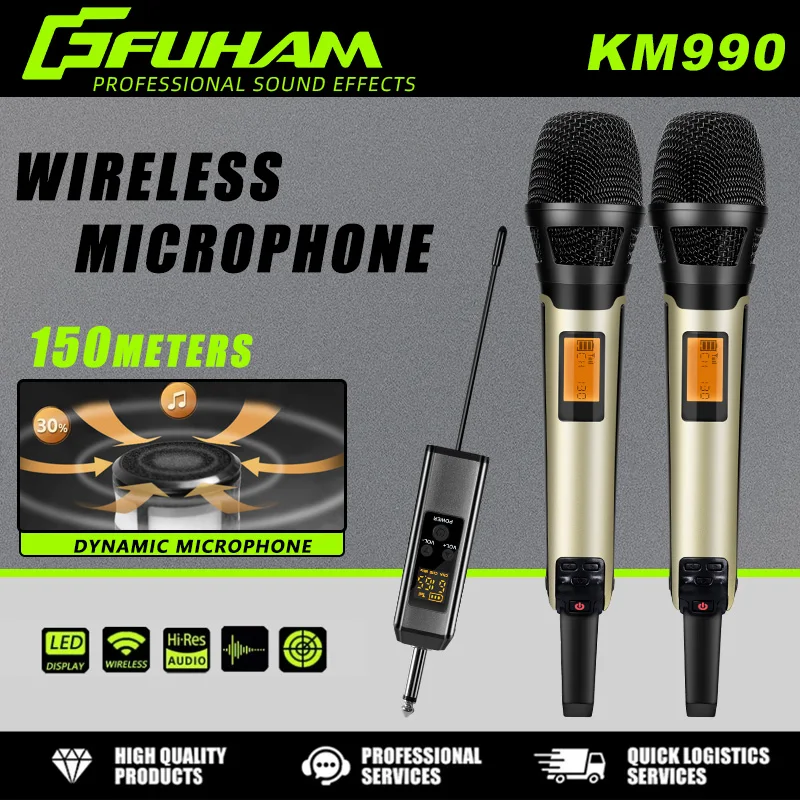 ميكروفون FUHAM اللاسلكي KM990 عالي الجودة، هيكل معدني كامل لمرحلة الأداء المباشر، الكنيسة كاريوكي أسود