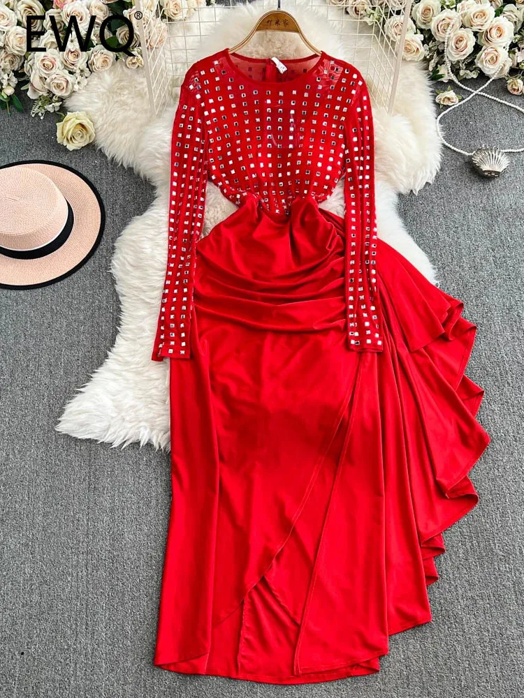 EWQ Elegant Sequin Mesh Irregular Flounce Dress 2024 Spring New Women's O-neck Long Sleeves Contrast Color Long Dresses 27X1905