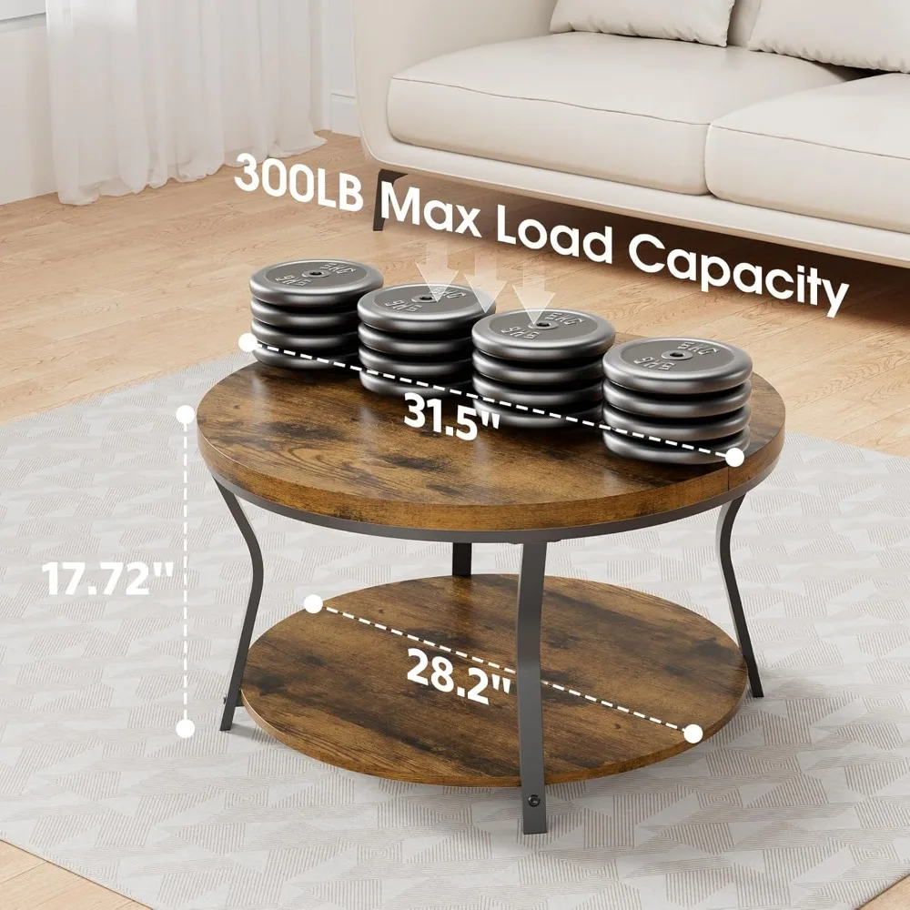 Round Coffee Tables for Living Room, Circle Wood Coffee Table, 2 Tier Industrial Modern Center Table with Thickened Tabletop and