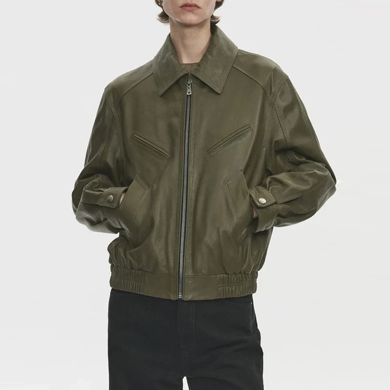 Mode Armee Grün Frauen Echt Leder Jacken Mäntel 2025, Neue A-ebene Gewachste Schaffell Weibliche Einfache Casual Leder jacken Tops