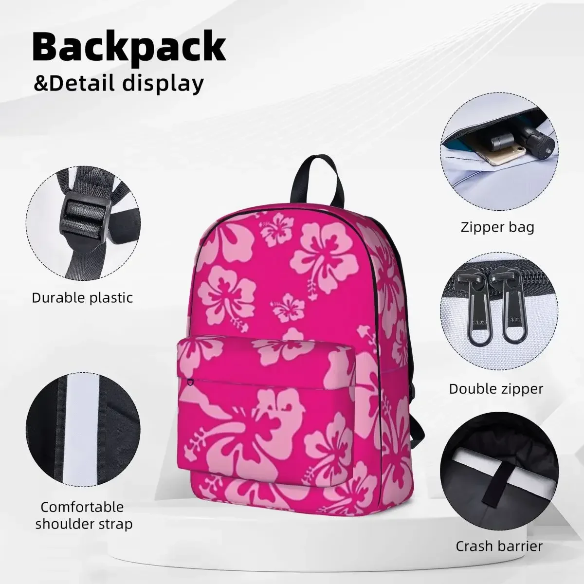 Tropical Hot Pink Hibiscus Flower Floral Pattern Hawaiian Print Backpacks Bookbag School Bag Travel Rucksack Shoulder Bag