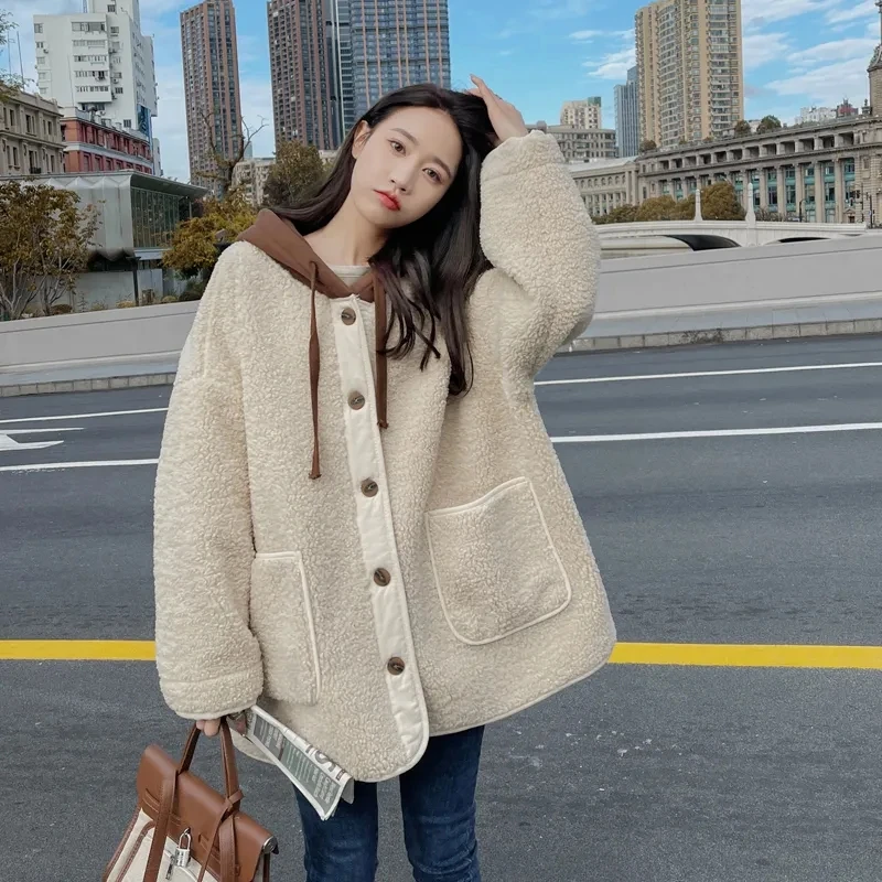 Fur Lambswool Coat Women's Autumn Winter 2024 New Fashion Temperament Loose Splicing Design Hooded High-end Western-style Coat