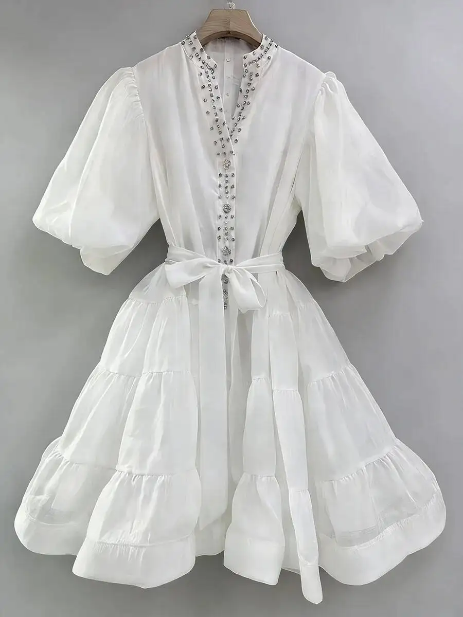 BJTZ 2026 primavera otoño Vintage vestido bohemio mujeres estampado Floral Puff manga diamantes de imitación botones cintura corbata vacaciones Chic