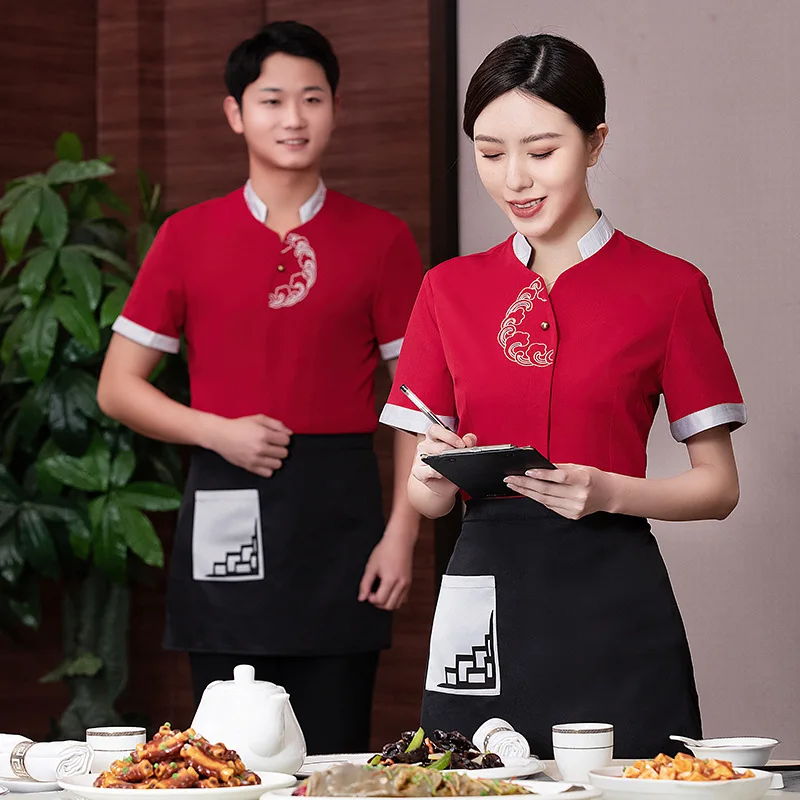 Chinese Restaurant Waiter Uniform for Men Hot Pot Food Service Work Wear Tea House Kitchen Catering Summer Waiter Overalls