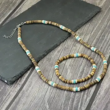 時尚兩件式木珠手鍊項鍊組 男士 天然椰殼 50cm 項鍊 Joias 假日休閒男士日常珠寶 10 最佳銷售 椰子女孩 - №3