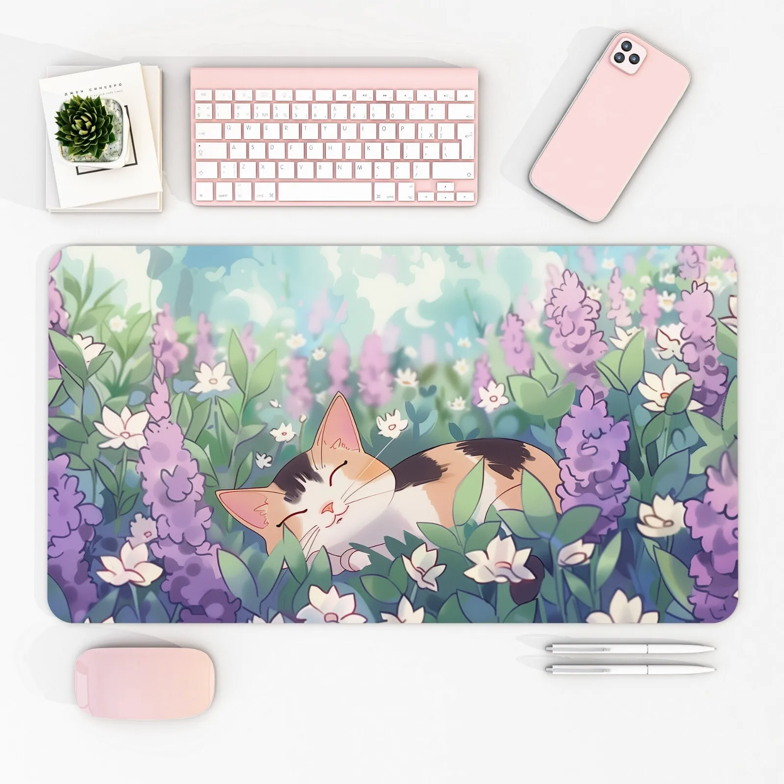 

The lovely cat is sleeping among the flowers office carpet Large computer accessories non-slip rubber notebook endless games
