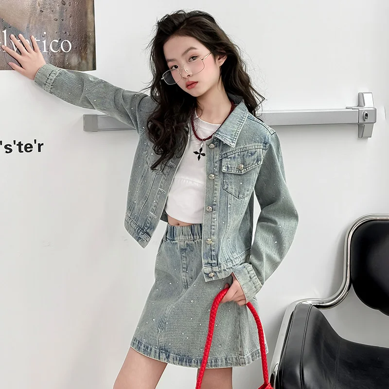 

Children Clothes Girls Spring Autumn 2026 Denim Sparkly Rhinestone Long Sleeve Jacket and Mini Skirt Two Piece Set