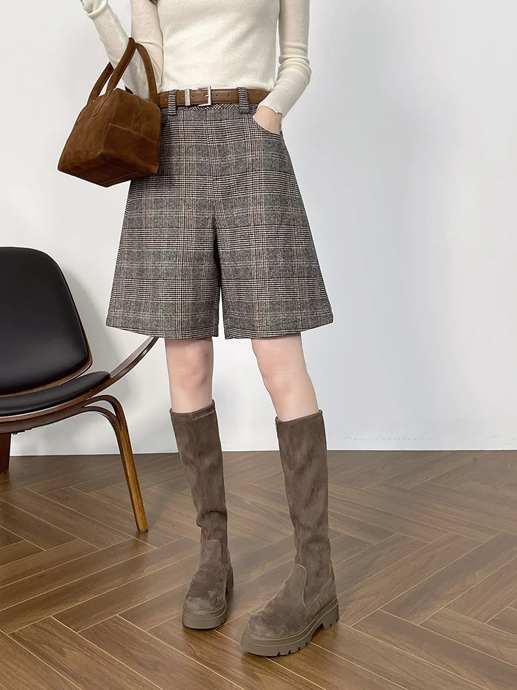 

Брюки женские прямые из шерсти в клетку с высокой талией, повседневные, в корейском стиле, для офиса, зимние, новинка