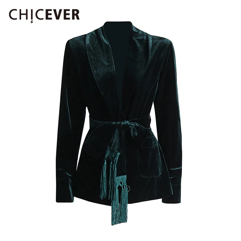 

CHICEVER Solid Slimming Spliced Lace Up Blazer for Women Lapel Long Sleeves Patchwork Tassels Luxurious Coat Female Clothing New