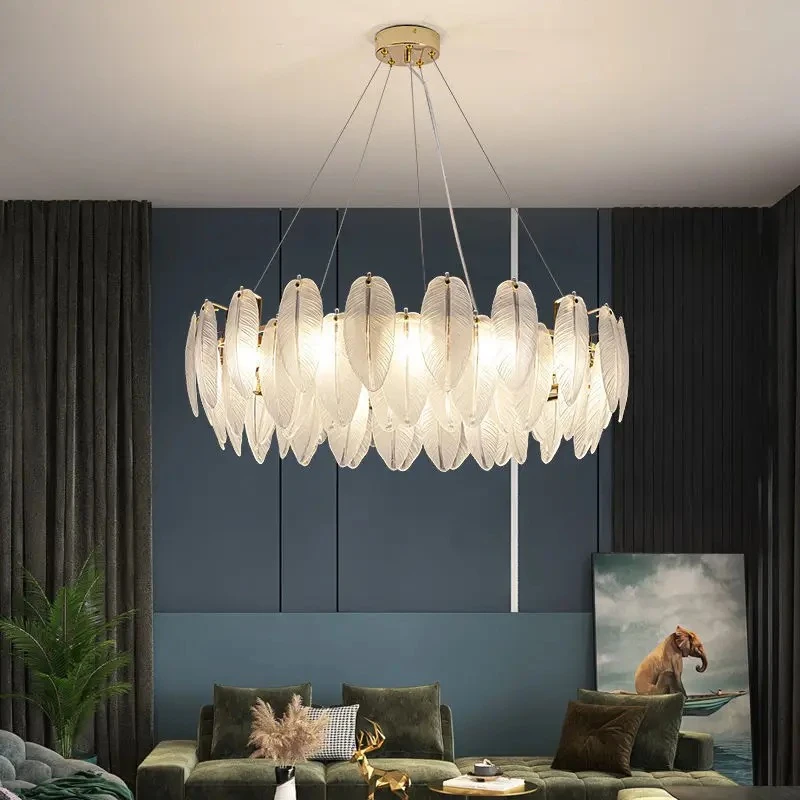 Modern Luxury Villa Led Chandelier Feather Glass Gold Metal For Living Room Bedroom Pendant Lights