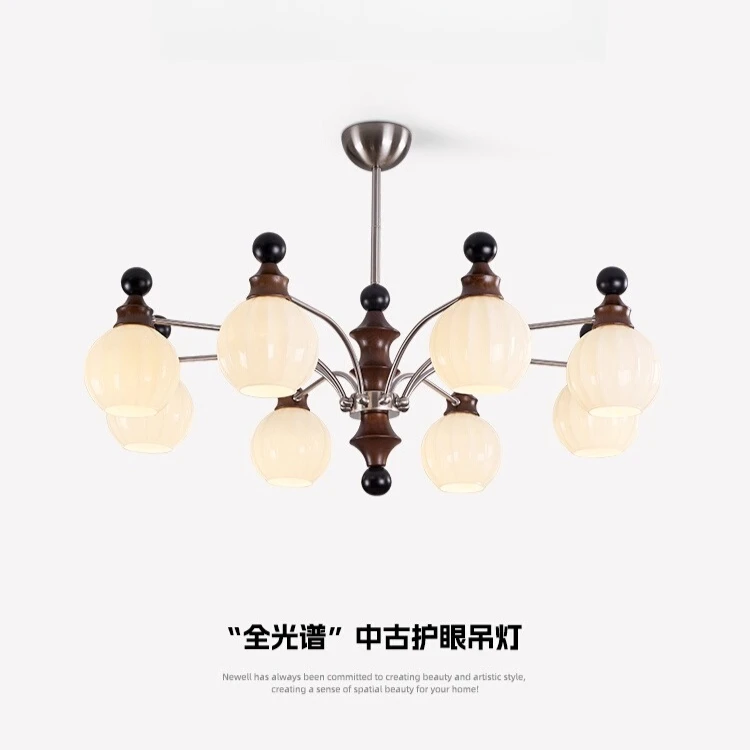 

Mid-Century Modern Meets New Chinese Solid Wood Chandelier with Glass Shade, Living Room Hall, Premium Wood Grain Texture