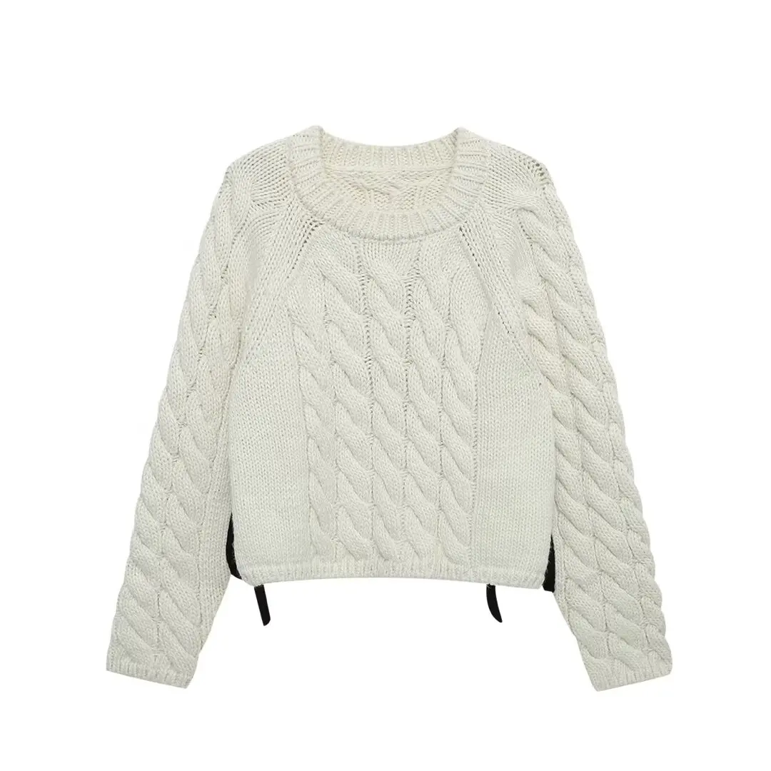 

2025 ЖЕНСКИЙ модный осенний свитер в европейском и американском стиле с боковым украшением, короткий свитер с круглым вырезом и длинными рукавами Mujer