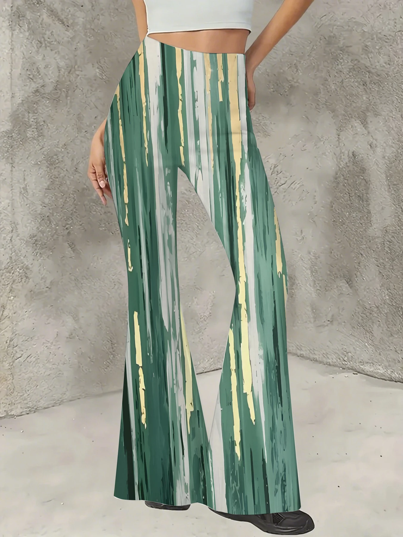 Pantalones Acampanados para Mujer, Estampado de Pinceladas Verdes, Elásticos, Casuales, Ajustados, Estilo Campana, para Uso Diario, Vacaciones y Ropa Urbana