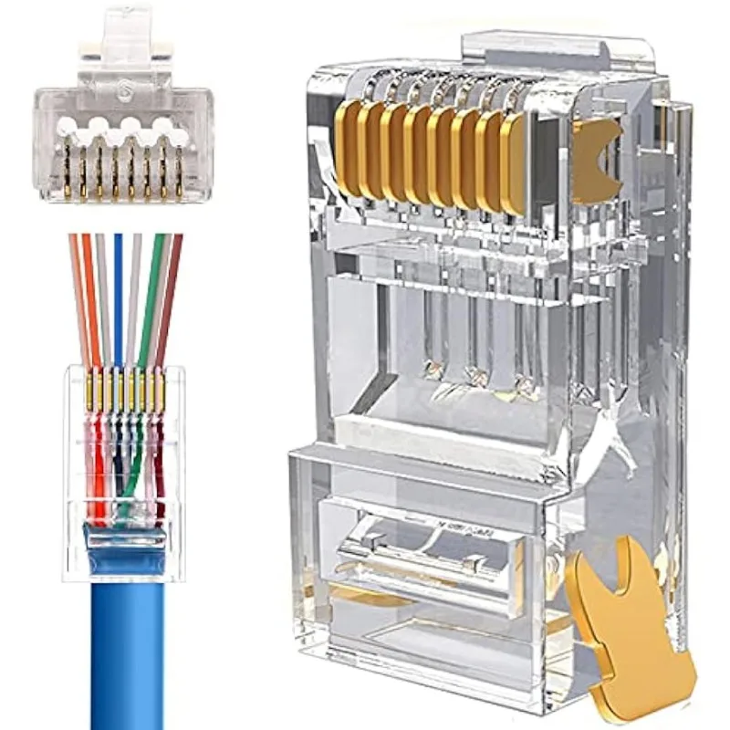 RJ45 Cat6 Cat6a Pass Through Connectors Gold Plated 8P8C Modular Plugs for 23AWG Twisted Pair Wire & Standard Cables (100 Pcs)