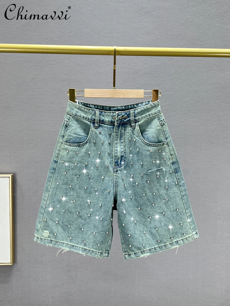 

Exquisite Rhinestone Denim Shorts Women's 2024 Summer New Fashion High Waist Loose Slimming Wide Leg Pants Ladies Breeches