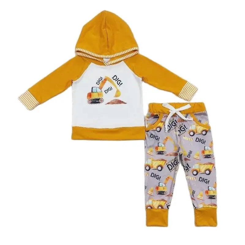 

Excavator dig print hoodies Outfits Toddler boys Boutique wholesale Clothing Kids long Sleeves joggers Children High quality Set