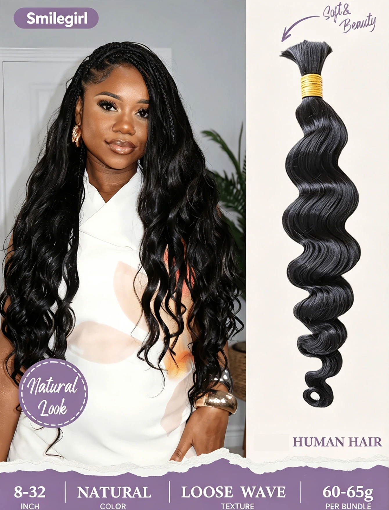 Extensiones de Cabello Humano Ondulado de 24-26 Pulgadas, 1 Paquete de 65g, Sin Trama, Cabello Virgen Peruano 15A, Peluca de Cabello Ondulado Natural Negro, Trenzas Boho, Trenzas Sin Nudos para Mujeres Negras