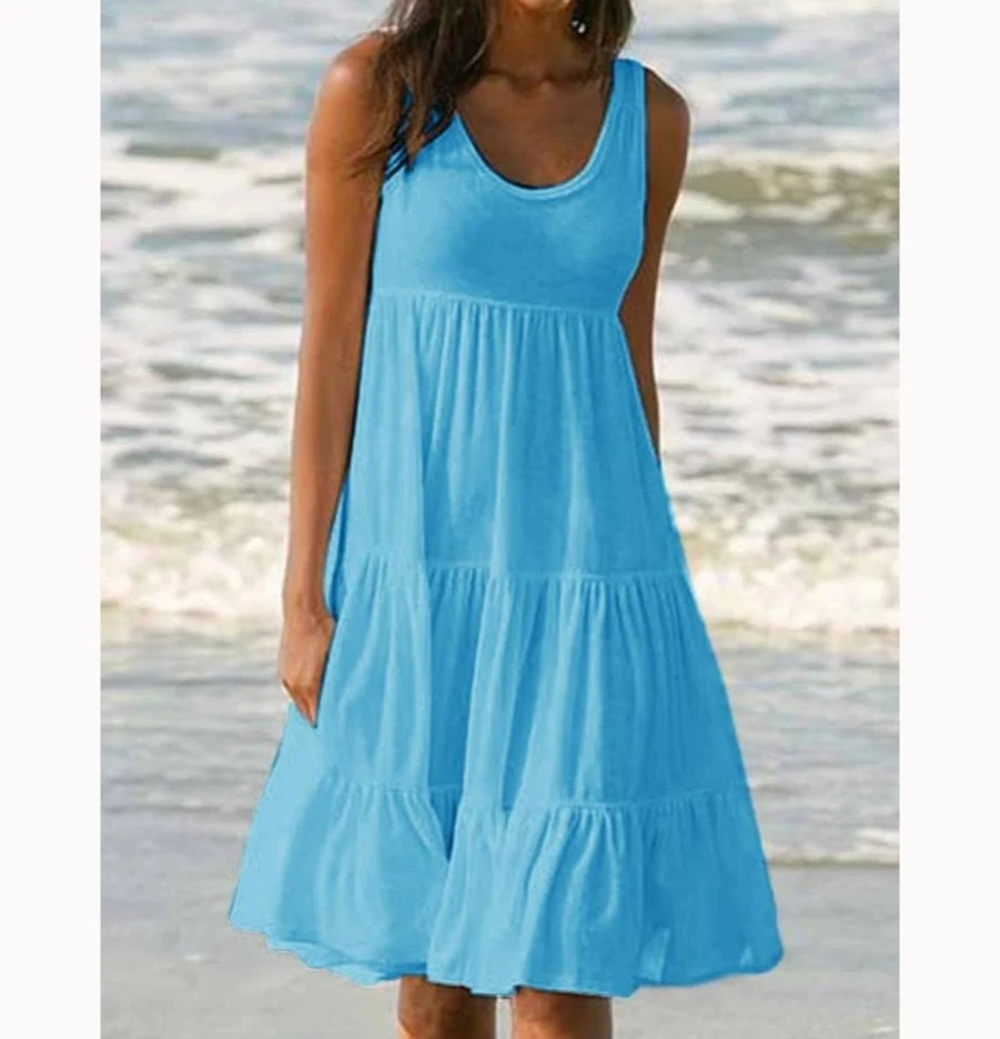 Minivestido sin mangas con volantes para mujer, vestido bohemio liso para playa, vestido suelto de gran tamaño para verano