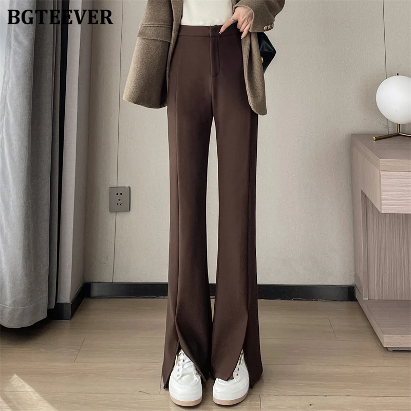 BGTEEVER Stylish Loose Floor-Length Women Split Flare Trousers High Waist Pockets Elegant Ladies Thicken Velvet Straight Pants