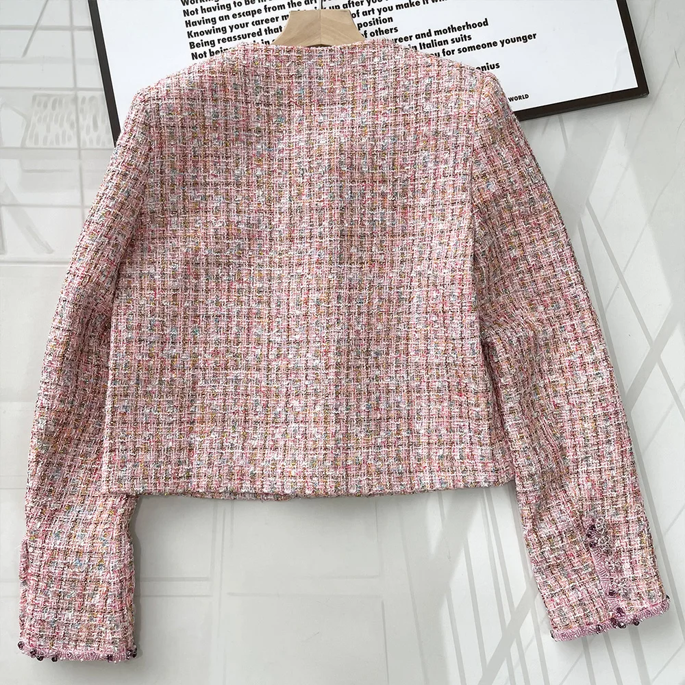 Women single-breasted pink tweed set short gold round collar female jacket dress