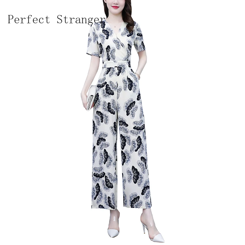 Hot Sale Women Elegant for Party 2022  Jumpsuit Short Sleeve High Waisted  Printed V Neck Long Rompers Office Overalls