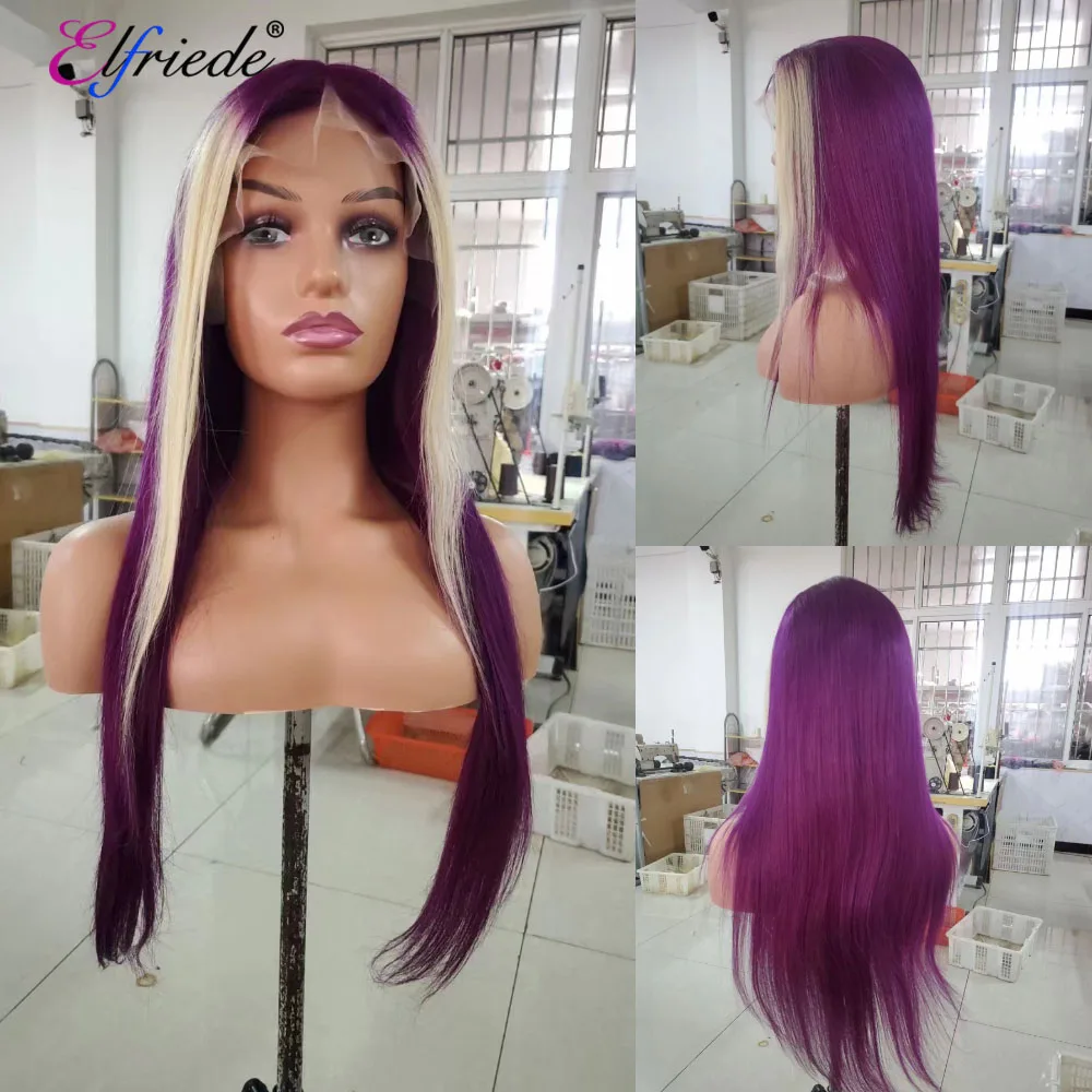 

Elfriede Straight #Purple 613 Highlight Skunk Stripe Lace Front Wigs for Women 4x4 13X4 13X6 HD Lace Frontal Wig Human Hair Wigs