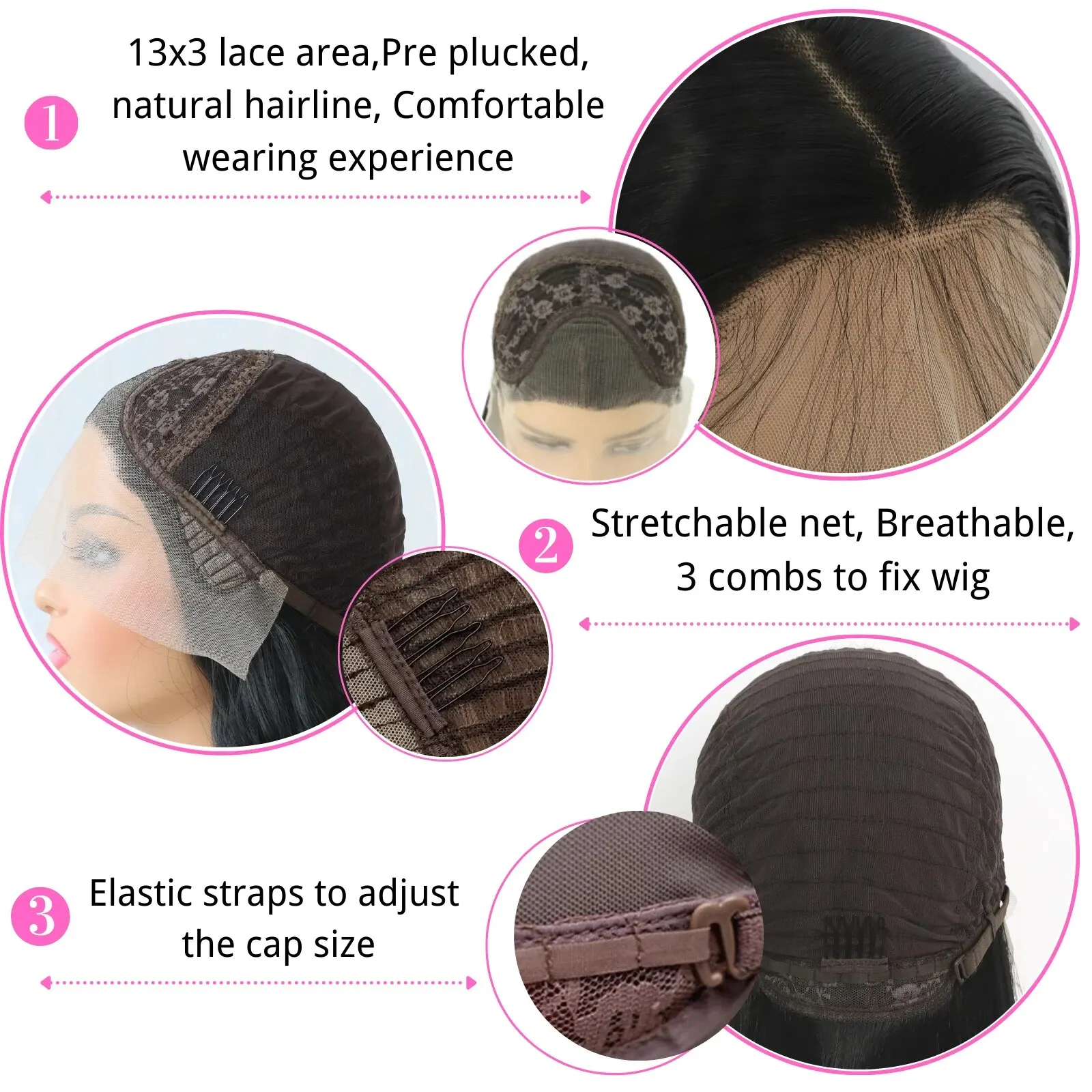 Peruca dianteira de renda preta longa e reta natural preto pré arrancado peruca dianteira de renda sintética hd para mulheres fibra resistente ao calor sem cola