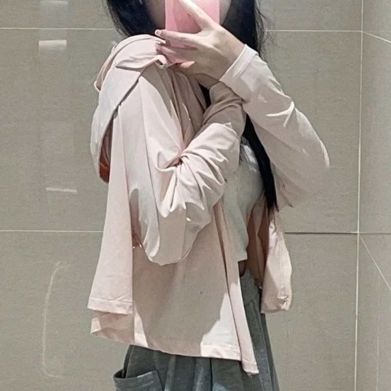 Jaqueta à prova de sol feminina, fina e respirável, estilo coreano, monocromática, combina com tudo, chique, casual, moda solta, temperamento feminino, verão