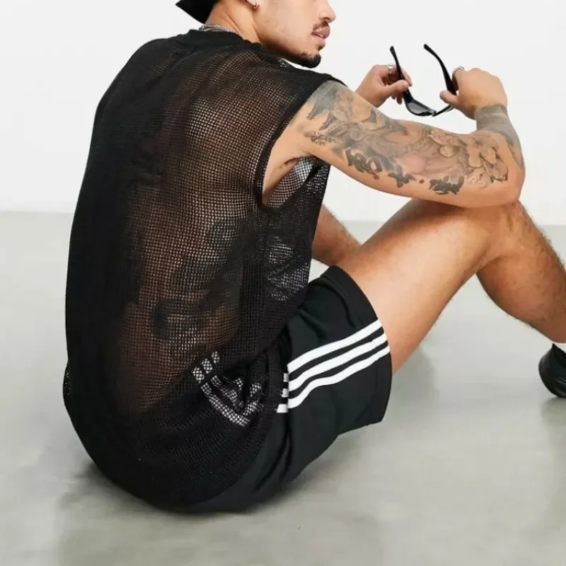 الرجال شبكة الجوف خارج تانك القمم أكمام فضفاضة الشارع الشهير تريكو مثلي الجنس مثير شير سترة حفلة ليلة مرحلة الأداء وتتسابق #2