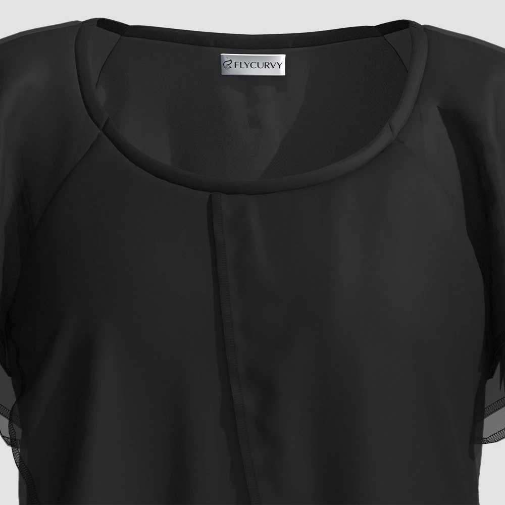 Plus Size Summer Casual Black Solid Chiffon Ruffle Sleeve Layered Asymmetrical Hem Blouse Round Neck Women's Tops