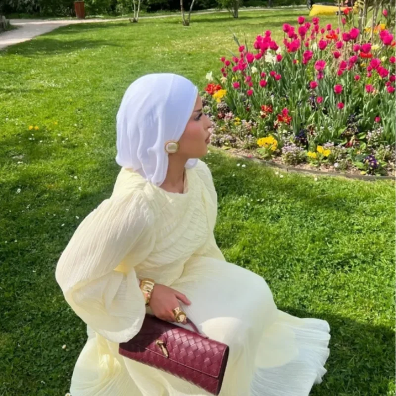 

2025 Summer Elegant Chiffon Pleated Long Dress Women Sexy See Through Full Puff Sleeve O-neck Party Dresses Female A-line Robe